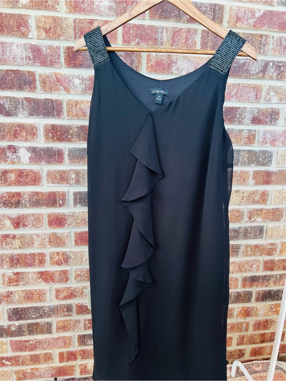 S. Levine Black Chiffon Rhinestone Strap Cascade Ruffle Cocktail Dress Size 12